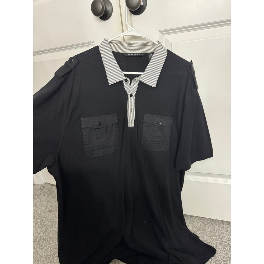 Sean John Mens 3XL Black Short Sleeve Polo Shirt Striped Collar Utility Pockets